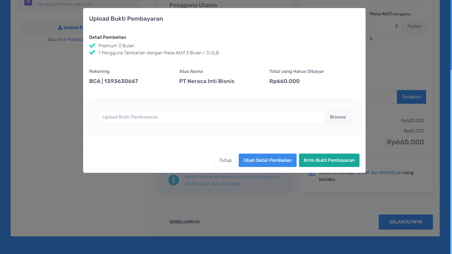 upload bukti pembayaran premium
