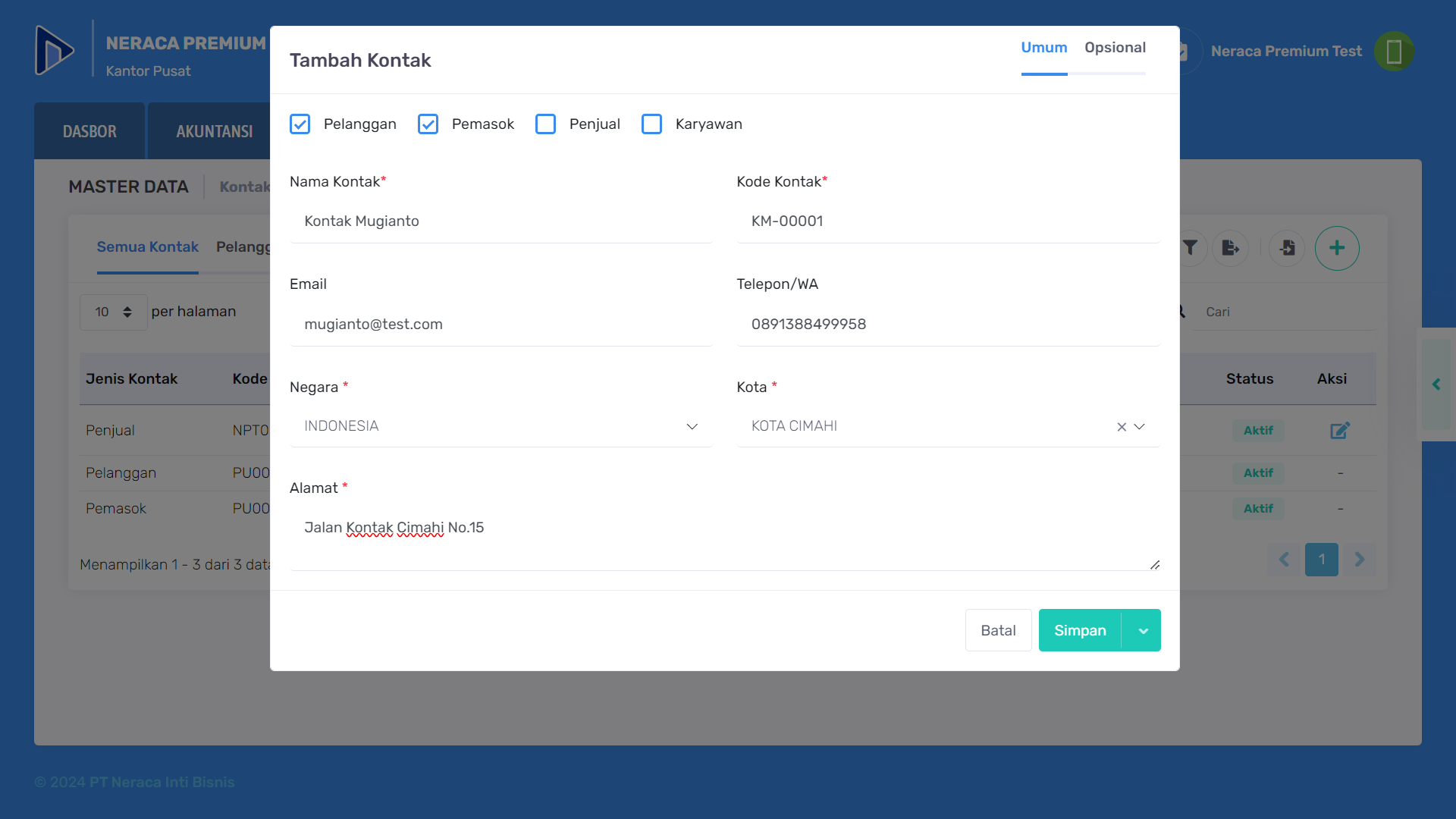 Contoh pengisian form tambah master data kontak