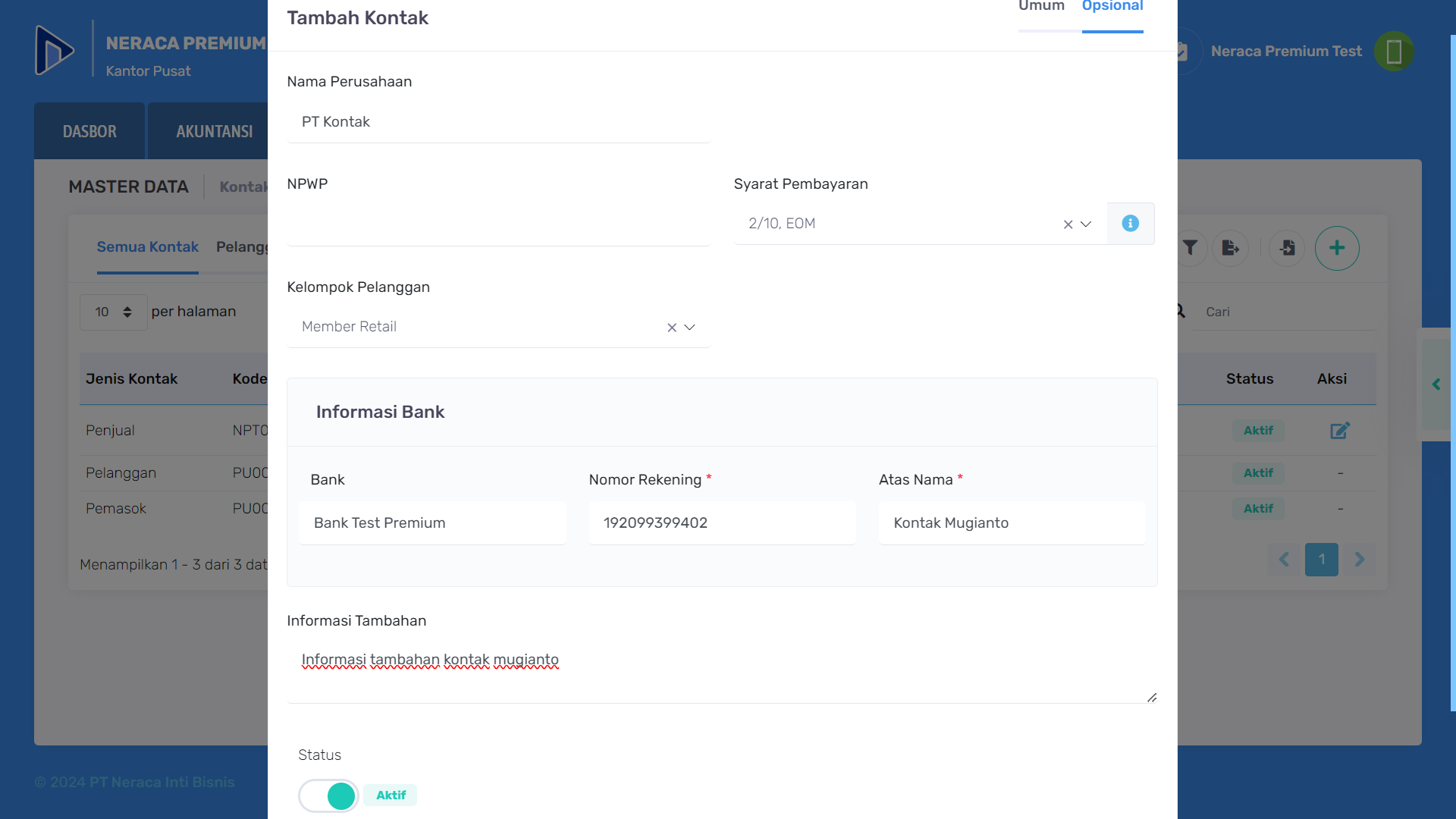 Pengisian form opsional master data kontak