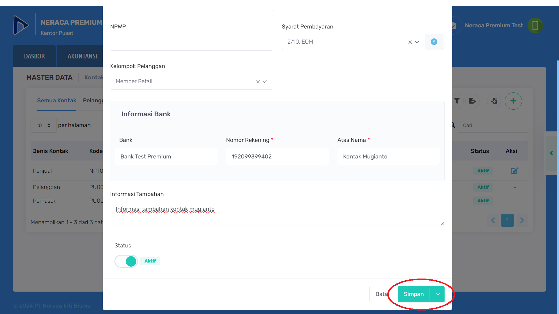 Simpan data master data kontak