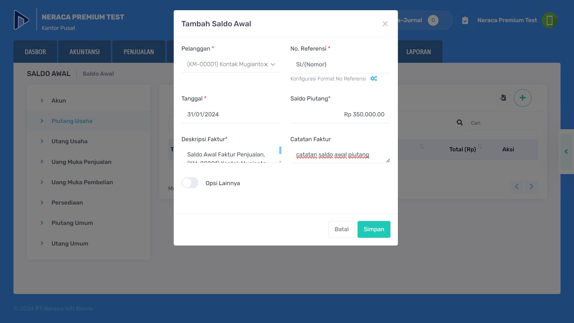 Contoh pengisian form saldo awal piutang