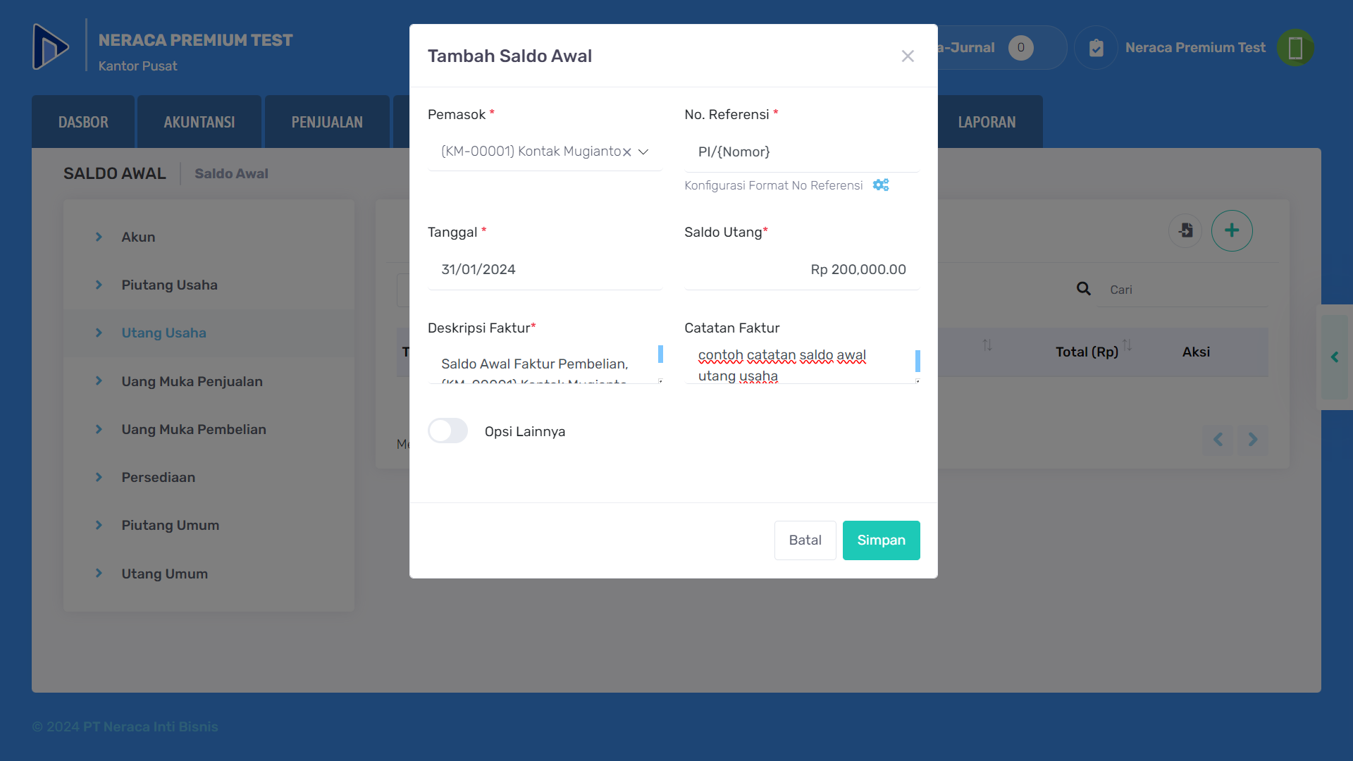 Contoh pengisian form saldo awal utang usaha