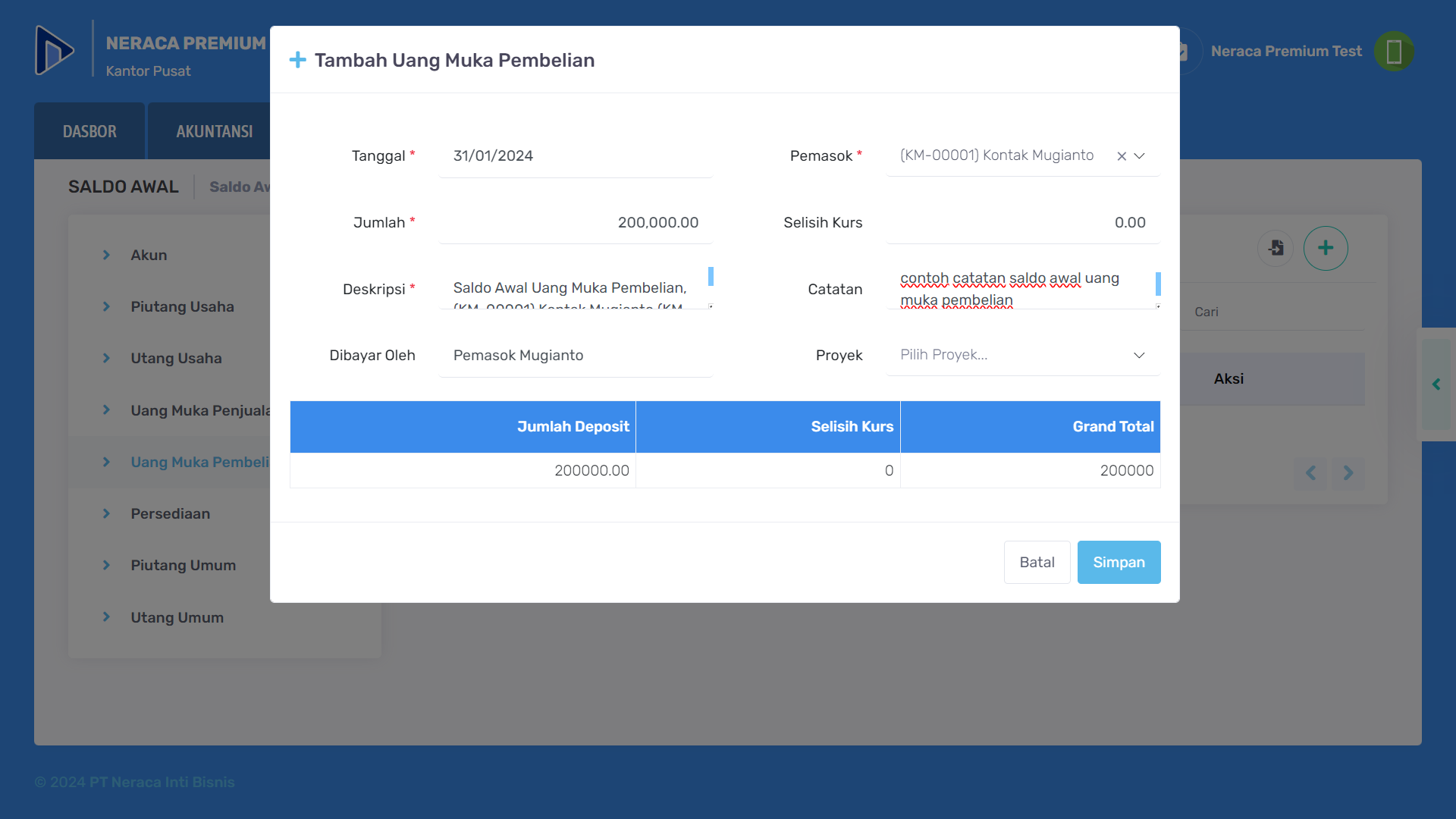 Contoh pengisian form saldo awal uang muka pembelian