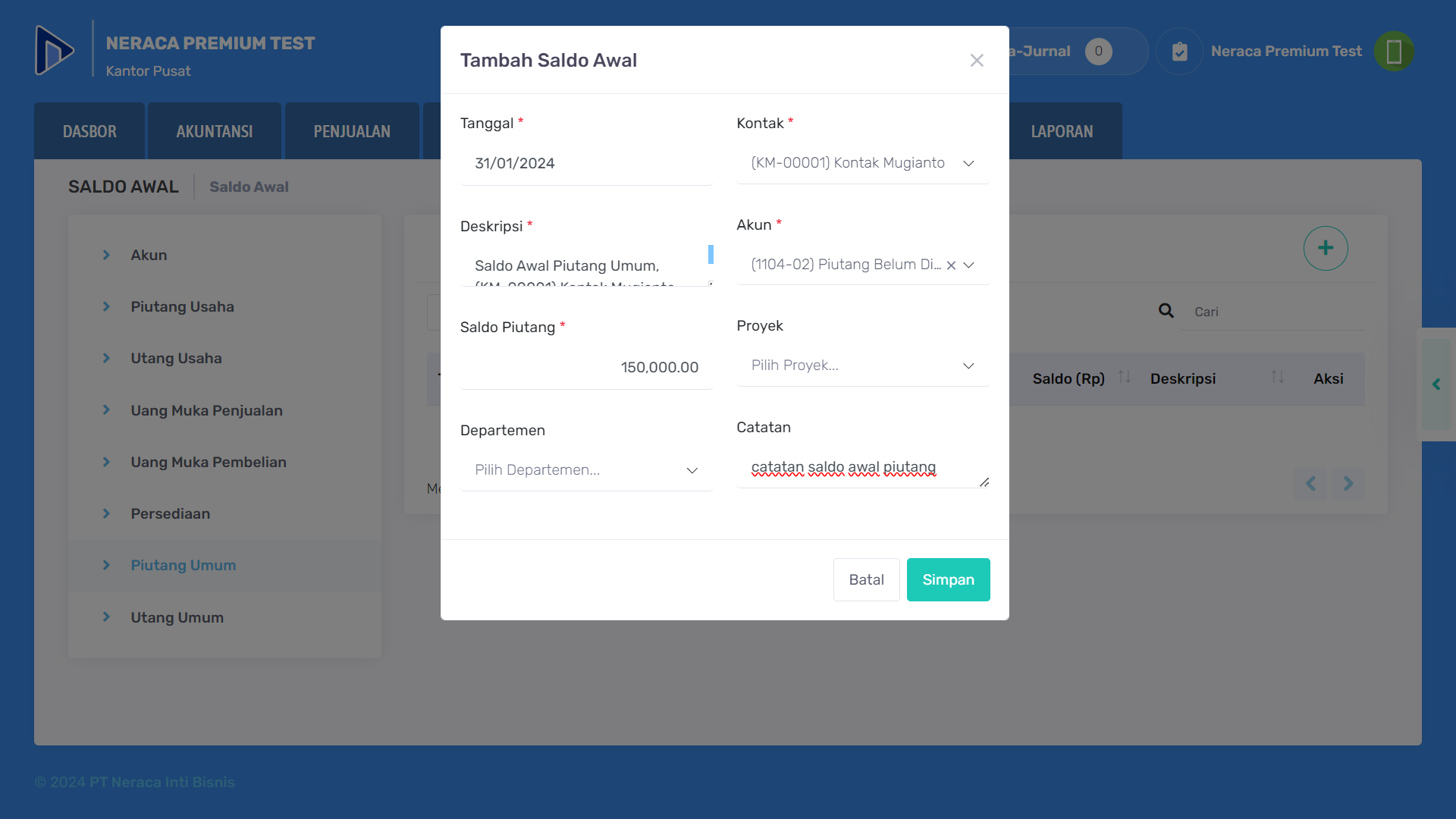 Contoh pengisian form saldo awal piutang umum