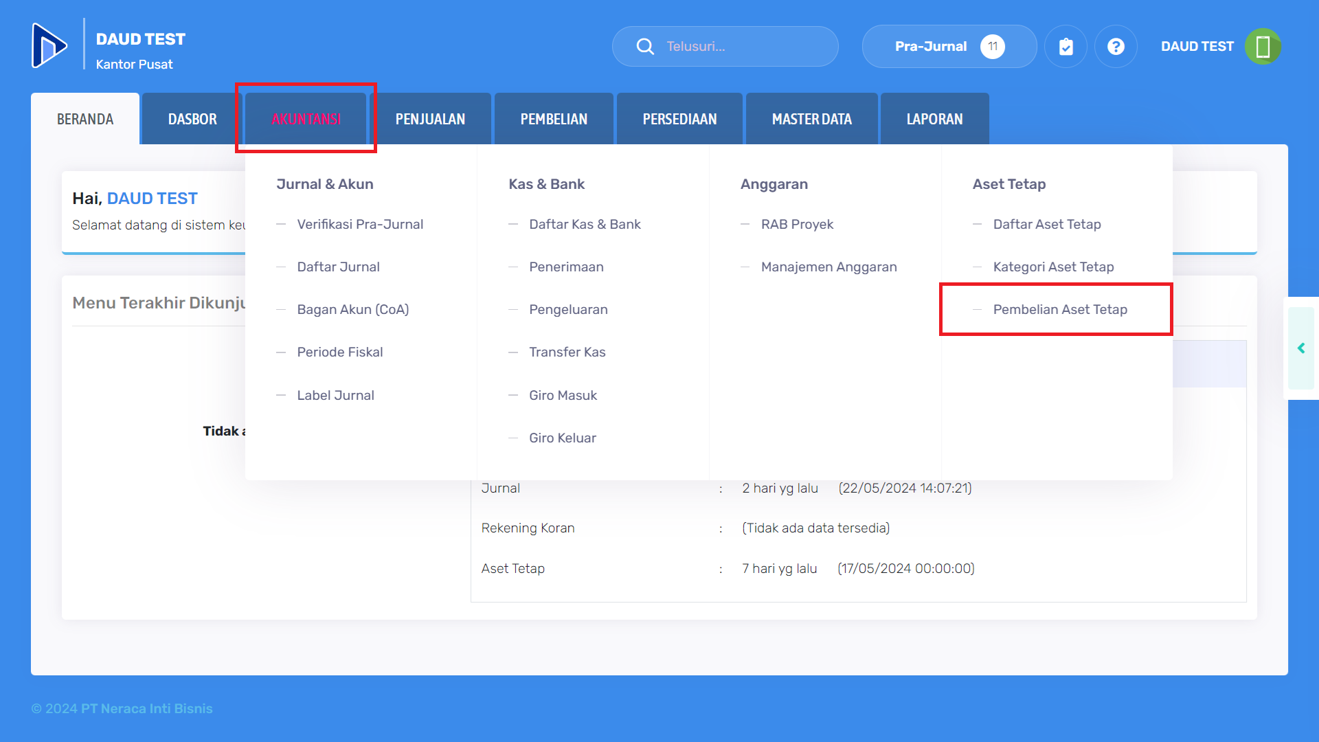 Mengakses menu pembelian aset tetap
