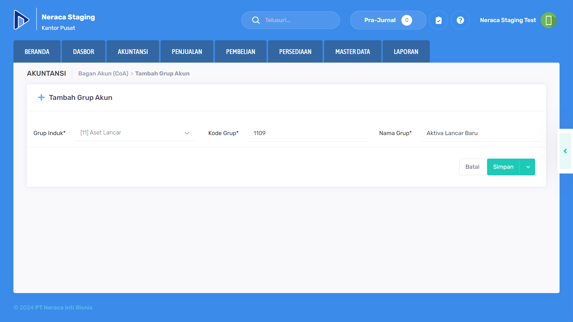 Contoh pengisian form tambah grup akun