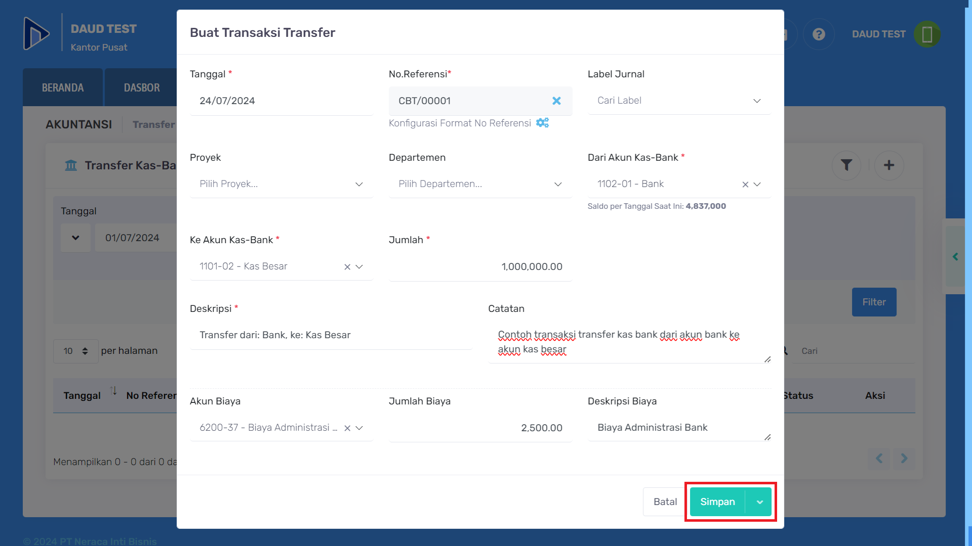 Contoh pengisian form transfer kas bank