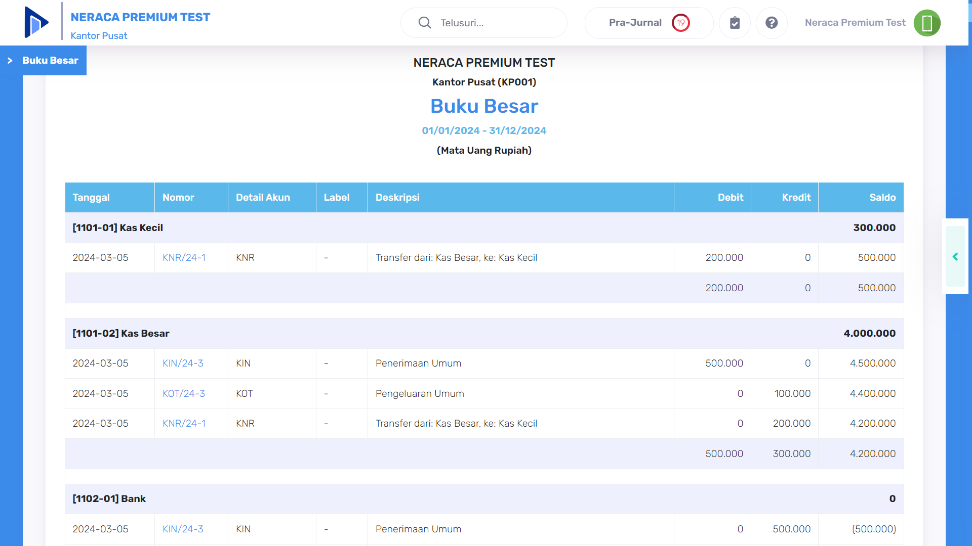 Contoh Tampilan Laporan Buku Besar