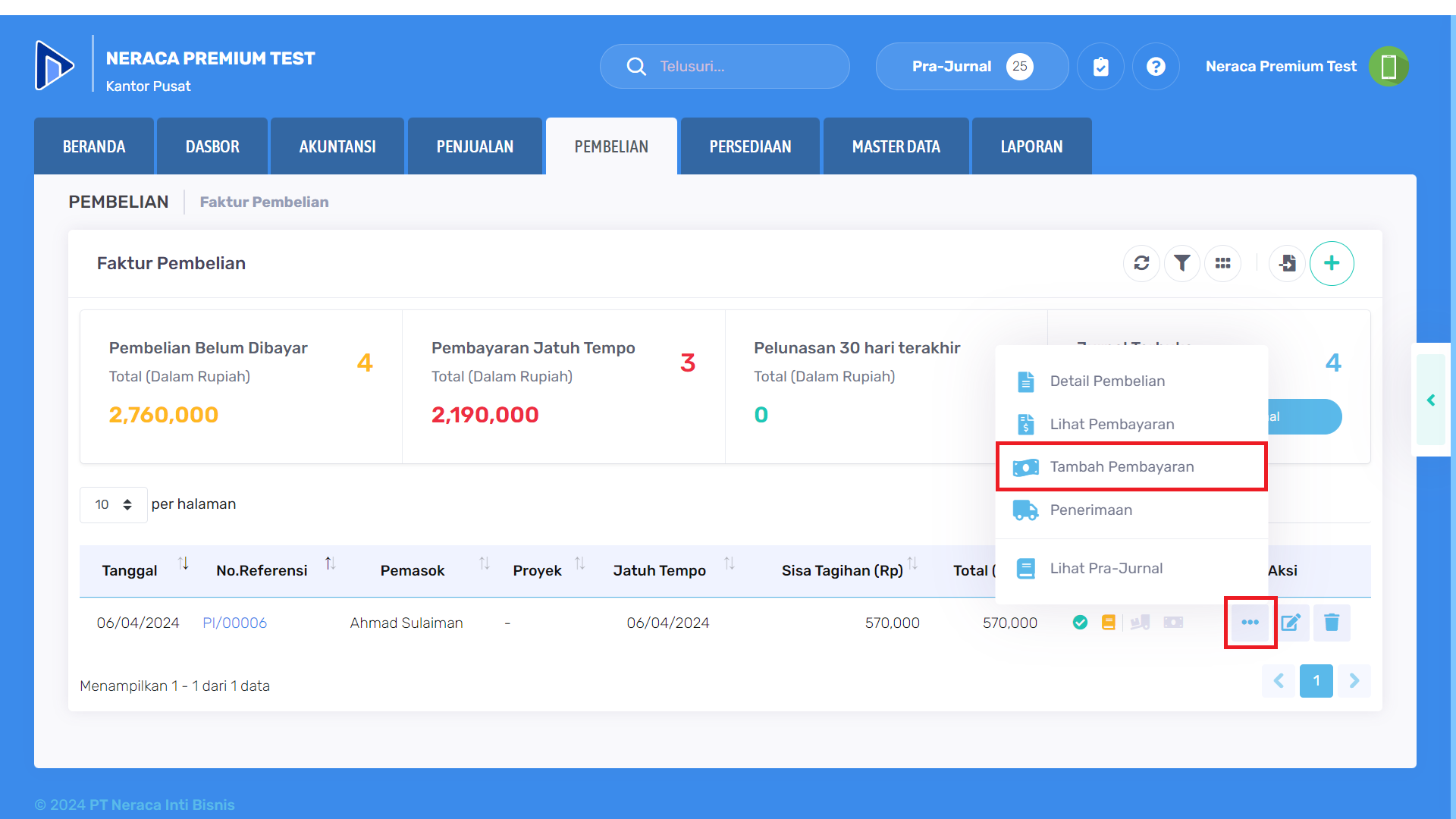 Tombol menambah pembayaran pada faktur pembelian