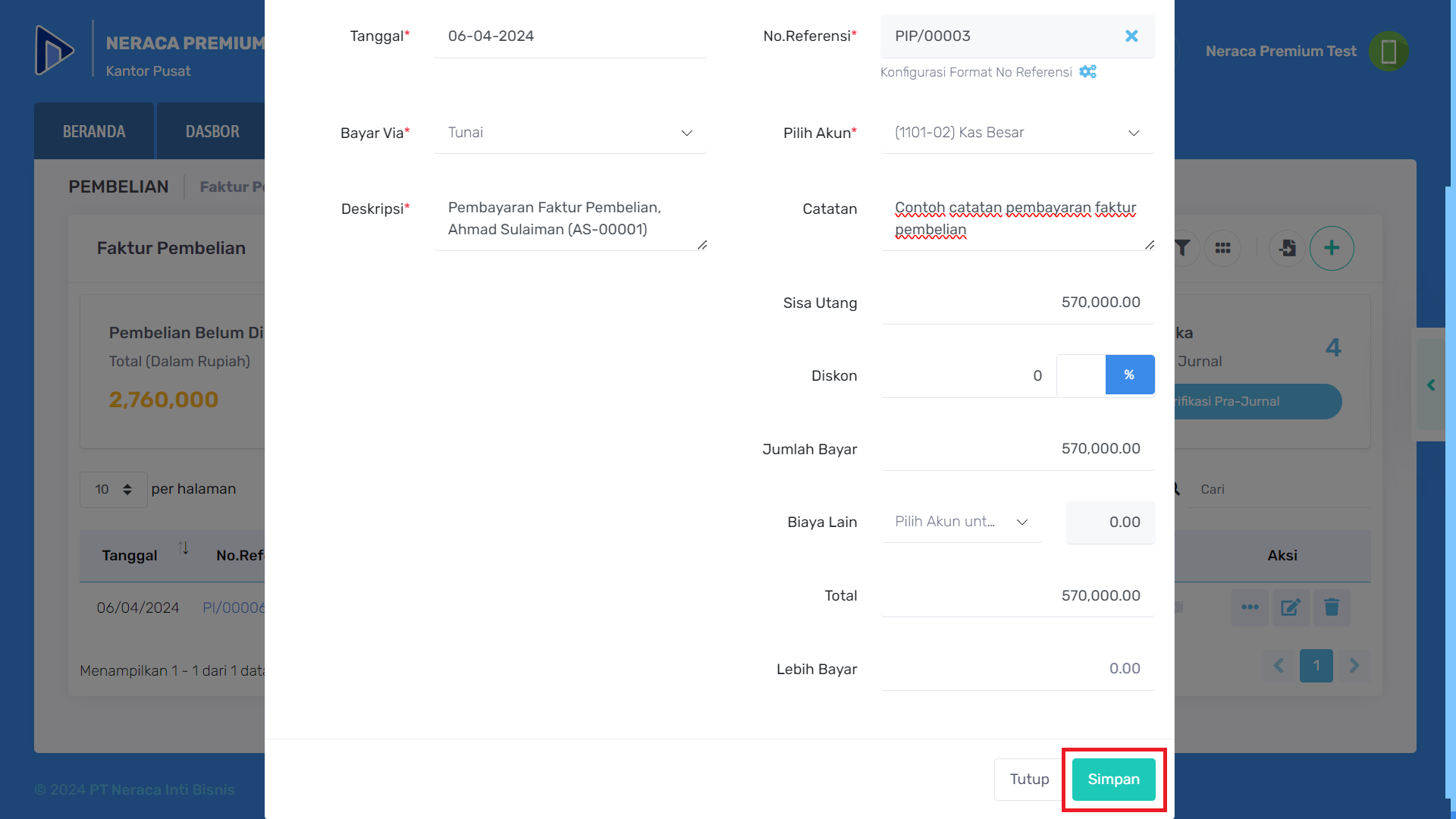 Contoh pengisian form tambah pembayaran pembelian