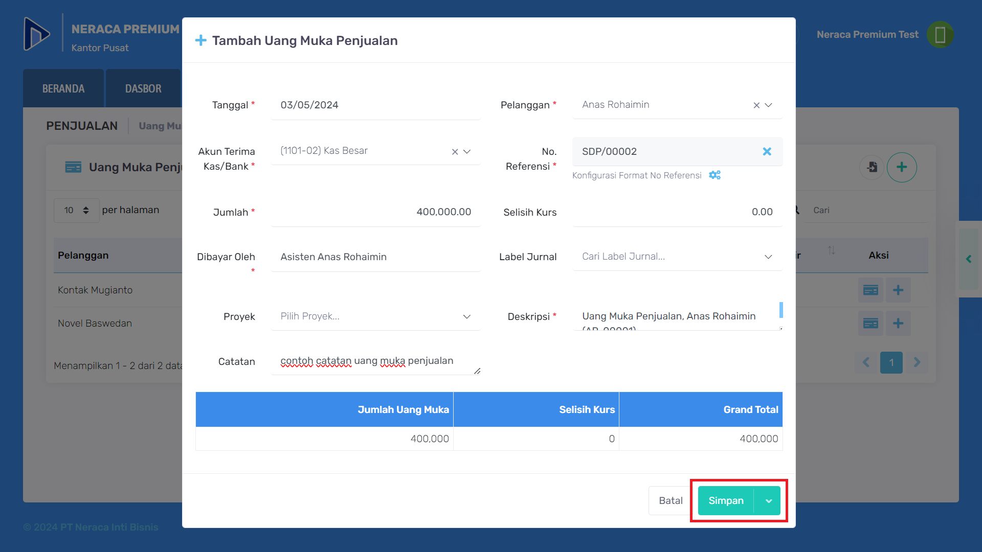 Contoh pengisian form tambah uang muka penjualan