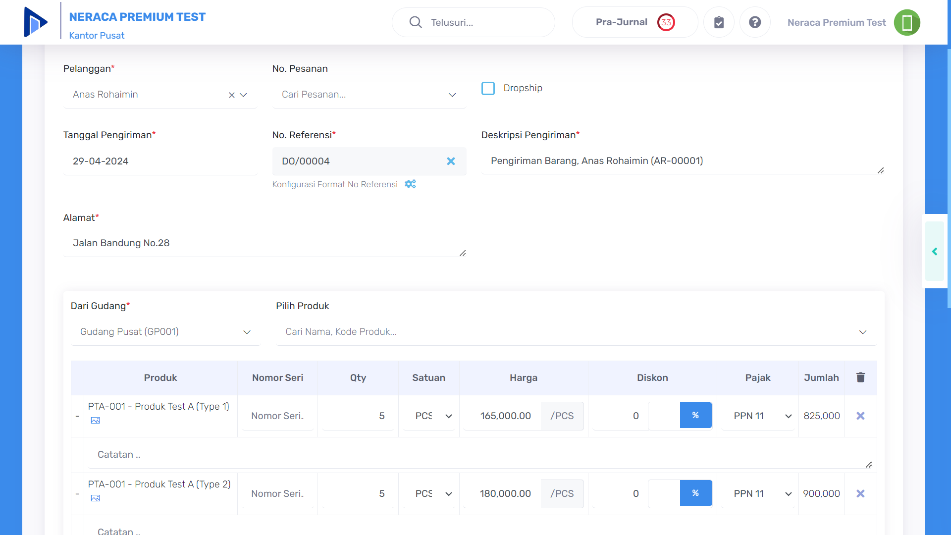Contoh pengisian form tambah pengiriman barang