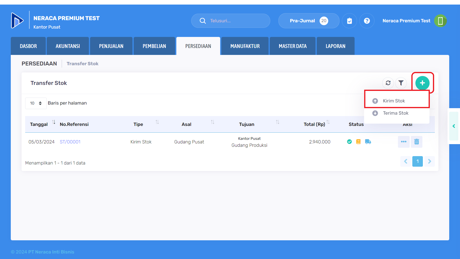 Tombol untuk tambah transfer stok (kirim stok)