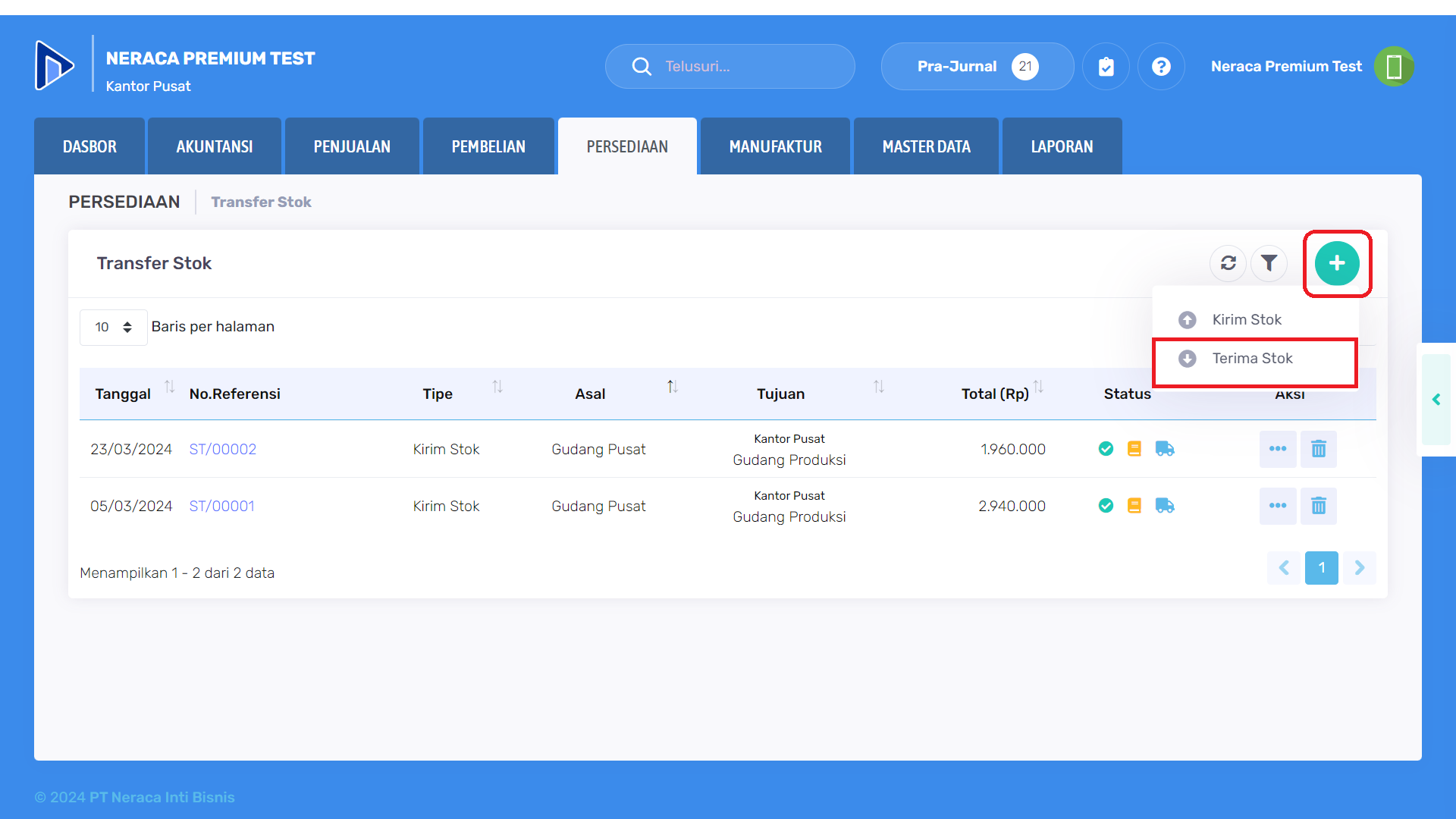 Tombol untuk tambah transfer stok (terima stok)