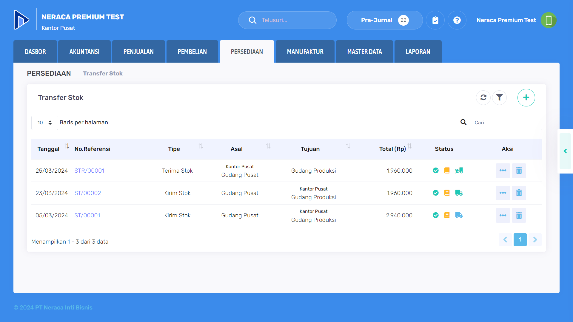 Data terima transfer stok berhasil ditambahkan ke data tabel transfer stok