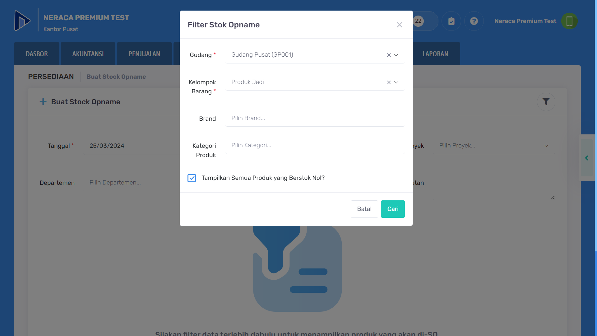 Penggunaan filter pada pembuatan stok opname